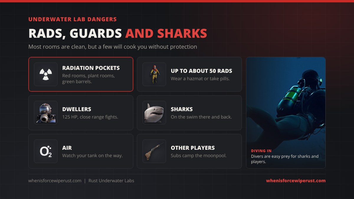 Underwater Lab dangers in Rust: radiation pockets in red card rooms, plant rooms and around glowing green barrels reaching about 50 rads, Underwater Dwellers with 125 HP in close range fights, sharks on the swim there and back, running out of air, and other players who camp the moonpool