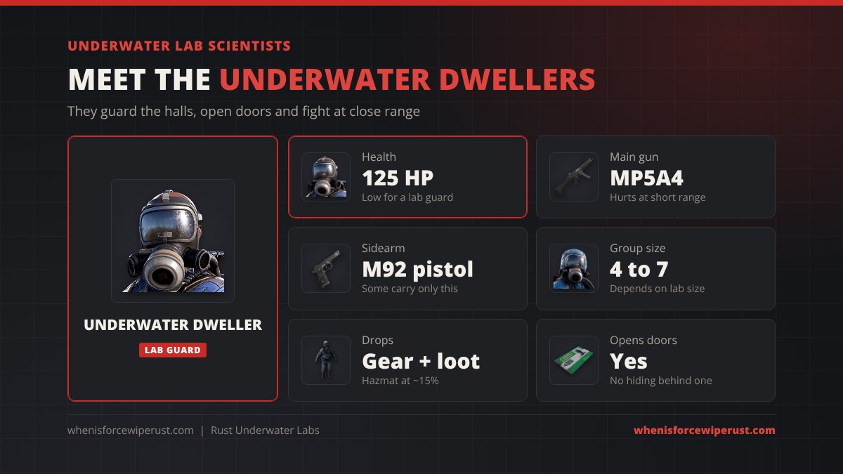 Underwater Lab scientists in Rust: Underwater Dwellers have 125 HP, carry an MP5A4 or an M92 pistol, come in groups of about 4 to 7 depending on lab size, drop gear and loot including a hazmat suit about 15 percent of the time, and open doors so you cannot hide behind one