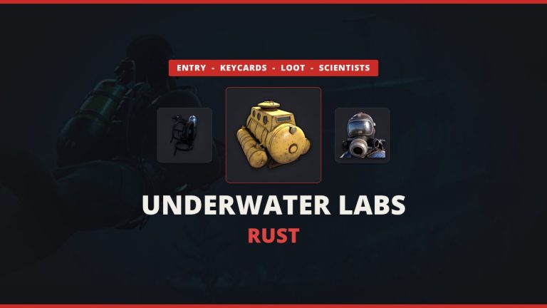 Underwater Labs Rust featured image: the Duo submarine between a diving tank and an Underwater Dweller over a real in-game diving scene
