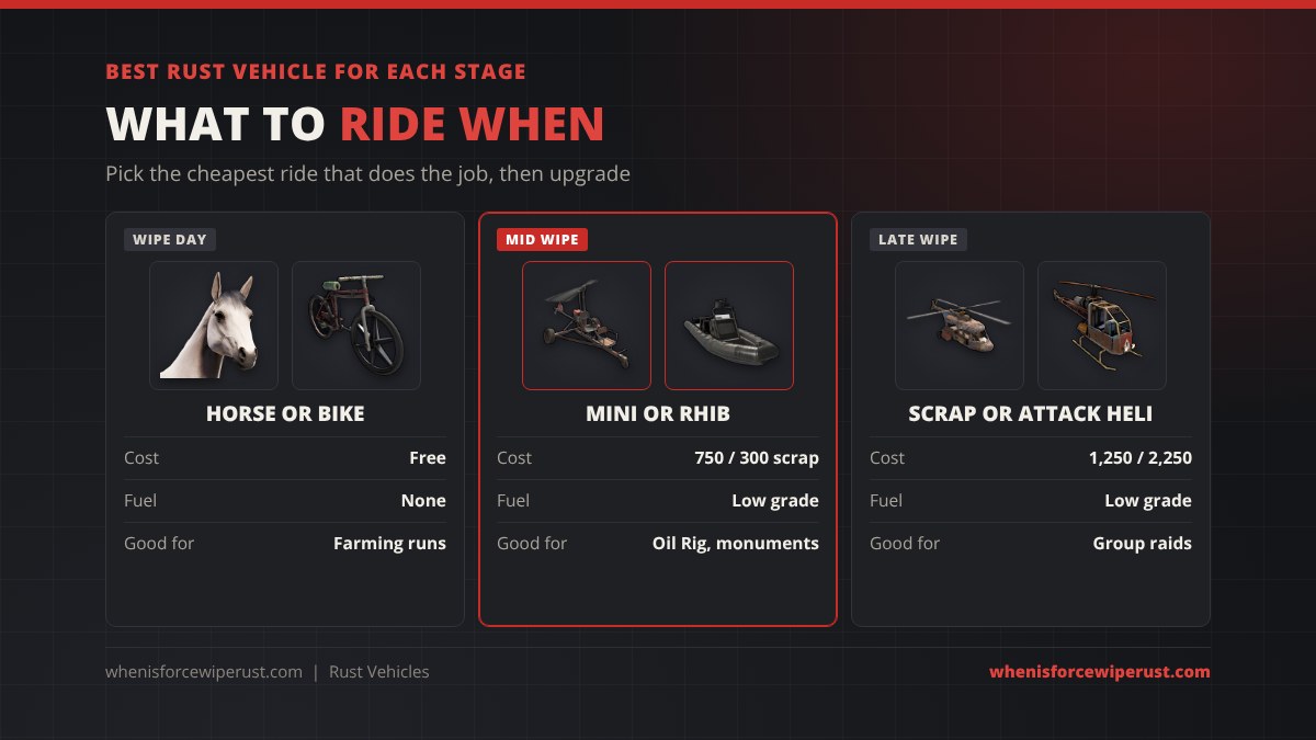 Best Rust vehicle for each stage: wipe day horse or bike for free with no fuel, mid wipe minicopter or RHIB for 750 or 300 scrap for Oil Rig and monuments, late wipe scrap transport helicopter or attack helicopter for 1,250 or 2,250 scrap for group raids