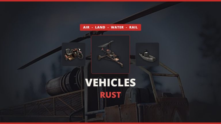 Rust Vehicles featured image: the Minicopter icon between a Motorbike with Sidecar and a RHIB over an in-game minicopter screenshot