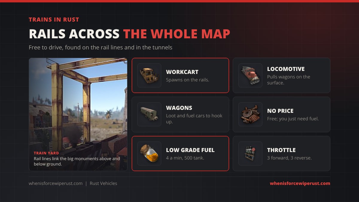 Trains in Rust: the Workcart spawns on the rails, the Locomotive pulls wagons on the surface, wagons can be hooked up, trains are free to drive, burn 4 low grade fuel a minute from a 500 tank and have 3 forward and 3 reverse throttle settings