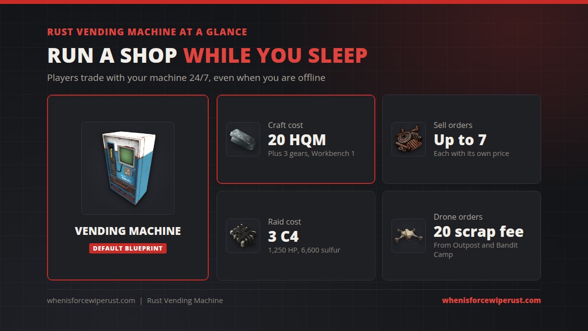 Rust vending machine at a glance: default blueprint, craft cost 20 high quality metal and 3 gears at Workbench 1, up to 7 sell orders, 3 C4 raid cost for 1,250 HP and a 20 scrap drone delivery fee from Outpost and Bandit Camp