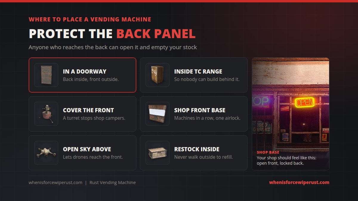 Where to place a vending machine in Rust: in a doorway with the back inside, within tool cupboard range so nobody can build behind it, a turret covering the front, a shop front base with an airlock, open sky above for drones and a restock box inside