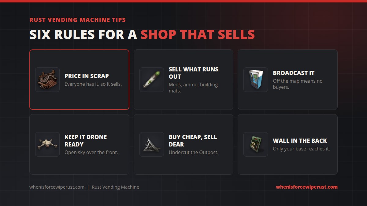 Rust vending machine tips: price in scrap, sell what runs out like meds, ammo and building materials, broadcast it, keep it drone ready, undercut the Outpost and wall in the back