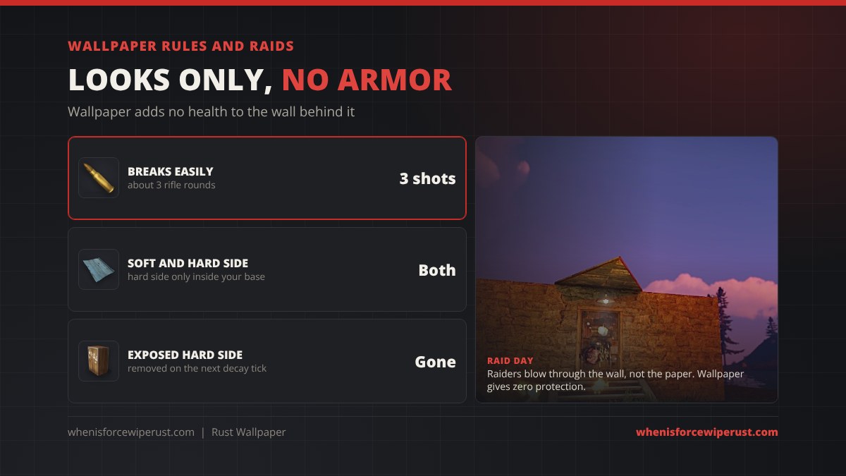 Rust wallpaper rules and raids: wallpaper adds no health, breaks in about 3 rifle rounds, can go on soft and hard sides, but exposed hard side wallpaper is removed on the next decay tick