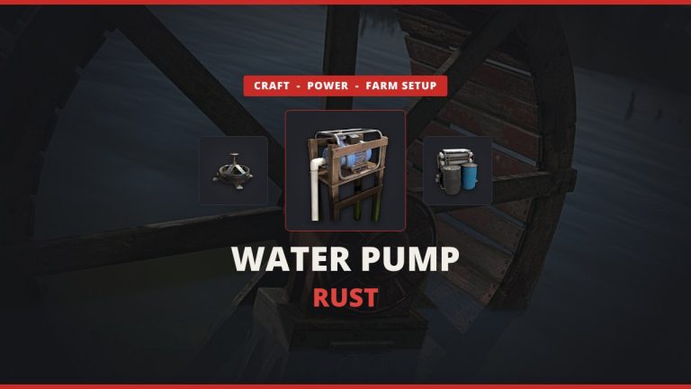 Rust Water Pump featured image: the Water Pump icon between a sprinkler and a powered water purifier over an in-game Rust water wheel on a river