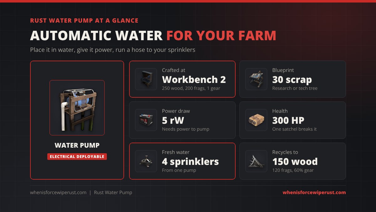 Rust water pump at a glance: crafted at Workbench 2 for 250 wood, 200 metal fragments and 1 gear, 30 scrap blueprint, 5 rW power draw, 300 HP, runs up to 4 sprinklers on fresh water, recycles to 150 wood and 120 frags