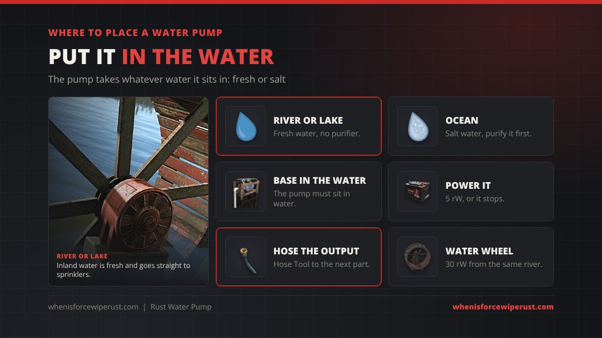 Where to place a water pump in Rust: in a river or lake for fresh water with no purifier, in the ocean for salt water that must be purified, the pump must sit in water, needs 5 rW, connect the output with the Hose Tool, a Water Wheel gives 30 rW from the same river