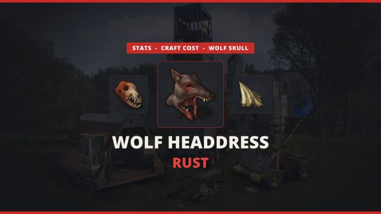 Wolf Headdress Rust featured image: the Rust Wolf Headdress icon between a wolf skull and cloth over darkened in-game Rust art