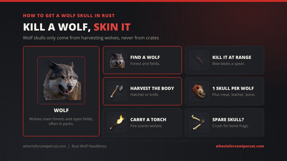 How to get a wolf skull in Rust: find a wolf in the forest or fields, kill it at range with a bow, harvest the body with a hatchet or knife for 1 skull plus meat, leather and bone, carry a torch, crush a spare skull for bone fragments