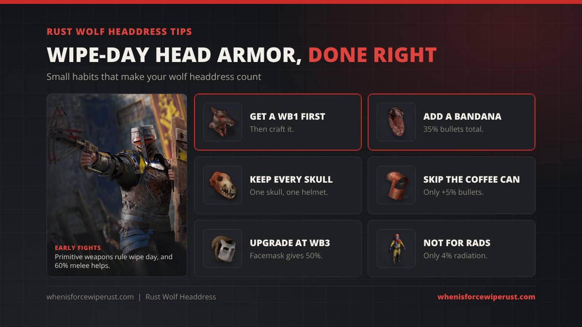 Rust wolf headdress tips: get a Workbench 1 first, add a bandana for 35% bullets, keep every wolf skull, skip the coffee can because it only adds 5% bullets, upgrade to the Metal Facemask at Workbench 3, not for radiation at only 4%