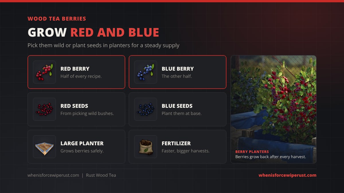 Wood Tea berries in Rust: Red Berries and Blue Berries are each half of every recipe, pick wild bushes for seeds, plant red and blue seeds in a Large Planter at base, and use fertilizer for faster harvests, shown beside a real in-game berry planter