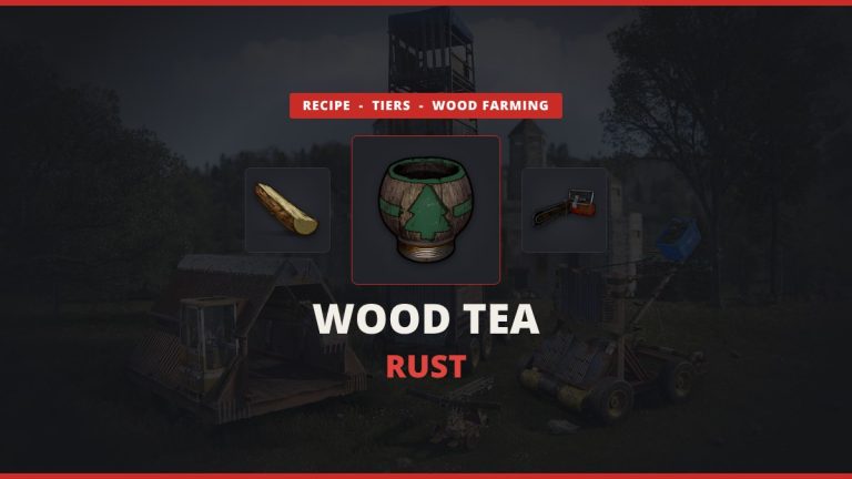 Wood Tea Rust featured image: Pure Wood Tea between wood and a chainsaw over real in-game Rust trees