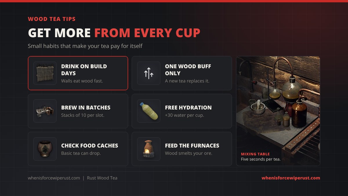 Wood Tea tips in Rust: drink it on build days because walls eat wood fast, remember only one wood buff runs at a time, brew in batches of 10 per slot, enjoy +30 hydration per cup, check food caches for Basic tea and use the wood to feed your furnaces, shown beside a real in-game Mixing Table