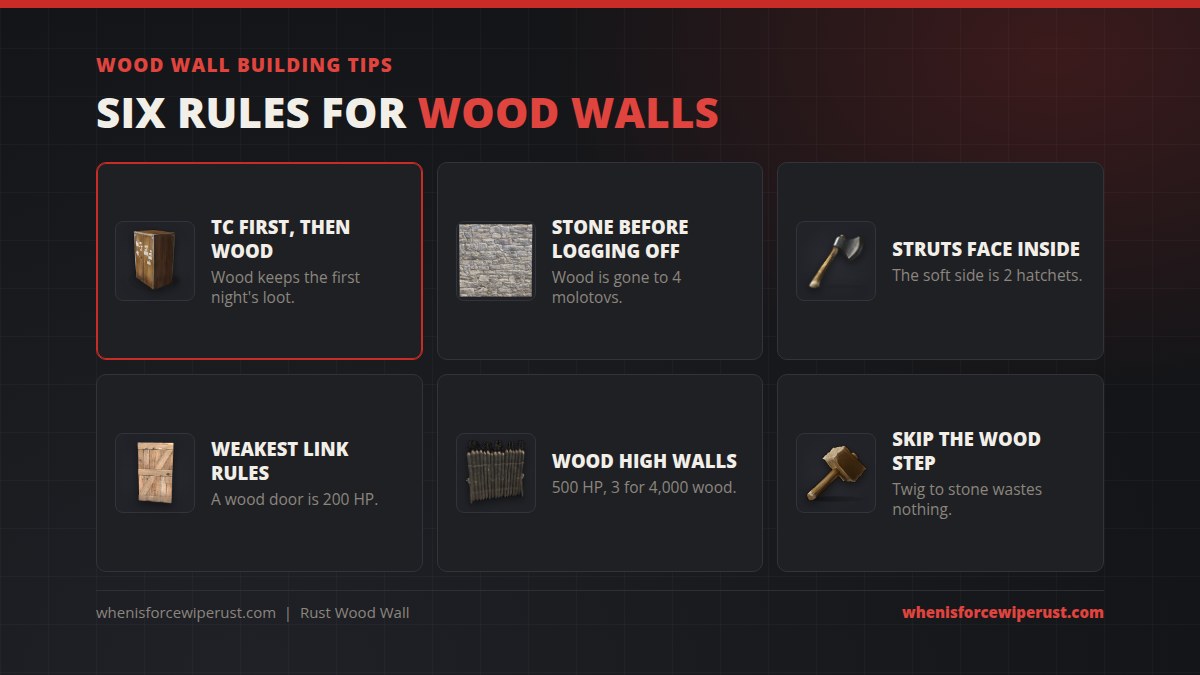 Rust wood wall tips: place the TC first, upgrade to stone before logging off, keep the strut side facing in, a wooden door is 200 HP, high external wooden walls have 500 HP, skip the wood step if you have stone