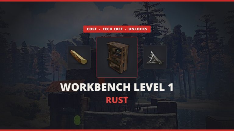 Rust Workbench Level 1 featured image: the Workbench Level 1 between wood and metal fragments over a real in-game starter base screenshot