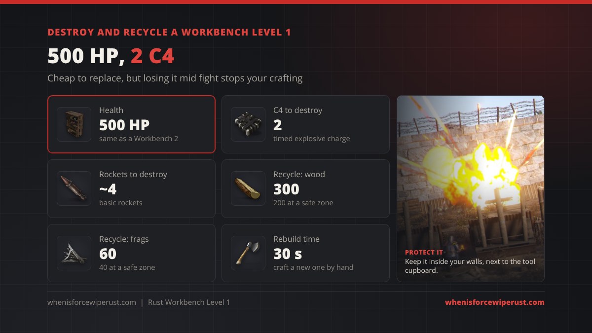 Destroy and recycle a Workbench Level 1 in Rust: 500 HP, 2 C4 or about 4 rockets to destroy, recycles into 300 wood and 60 metal fragments (200 and 40 at a safe zone recycler), and a new one crafts in 30 seconds