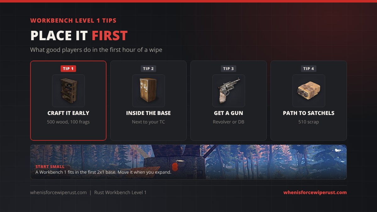 Workbench Level 1 tips in Rust: craft it early for 500 wood and 100 metal fragments, place it inside the base next to the tool cupboard, unlock a revolver or double barrel first, and path to satchel charges for 510 scrap