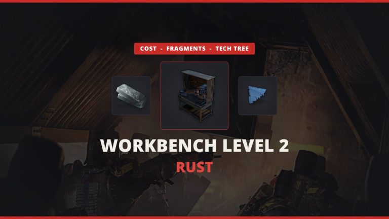 Workbench Level 2 Rust featured image: the Workbench Level 2 between high quality metal and a Basic Blueprint Fragment over a real in-game metal base interior