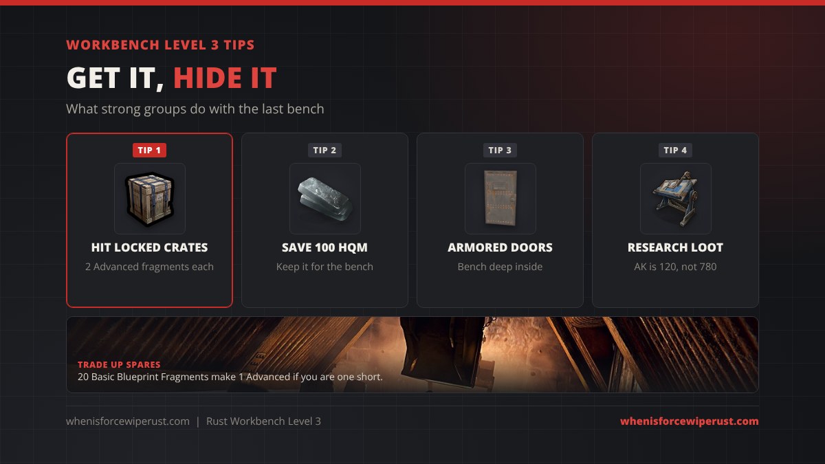 Workbench Level 3 tips in Rust: hit locked crates for 2 Advanced fragments each, save 100 HQM, put the bench behind armored doors, research looted AKs instead of tech treeing, and keep spare Basic fragments to trade up